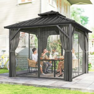 Outsunny 10' x 10' Hardtop Gazebo Canopy with Double Galvanized Steel Roof, Aluminium Frame Permanent Outdoor Gazebo, Dark Grey - Image 2