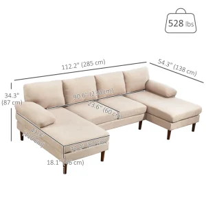 HOMCOM U Shape Couch with Double Chaise Lounge, Modern 4 Seater Sofa with Wooden Legs, Fabric Sofa for Living Room, Beige - Image 2