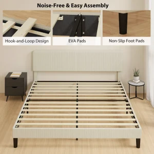 HOMCOM King Size Bed Frame with Adjustable Upholstered Headboard Platform Bed Frame Wood Slat Support Noise Free Light Grey - Image 5