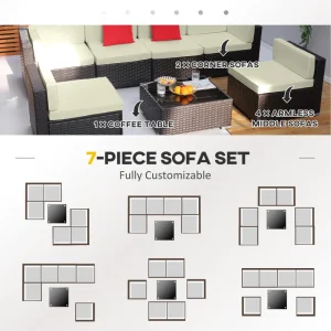 Outsunny 7 Pieces Patio Sofa Outdoor Wicker Sectional Patio Furniture, Dark Brown & Beige - Image 5
