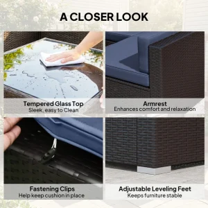 Outsunny 7pc Garden Wicker Sectional Set w/ Tea Table Patio Rattan Lounge Sofa Outdoor Deck Furniture Navy Blue - Image 5