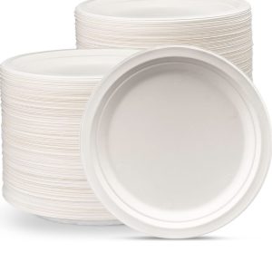 10" Bagasse Round Disposable Plates, Sugarcane Fiber Compostable Bulk Paper Plates for Party, Biodegradable Dinner Paper Plate Disposable for Snacks, Lunch, Dinner, BBQ - Image 1