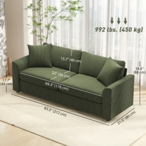 HOMCOM 3 Seater Sofa, 83.5" Modern Upholstered Couch with Pocket Spring and 2 Scatter Cushions for Living Room, Green - Image 3