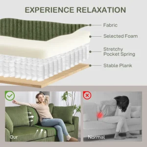 HOMCOM 3 Seater Sofa, 83.5" Modern Upholstered Couch with Pocket Spring and 2 Scatter Cushions for Living Room, Green - Image 6