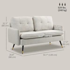 HOMCOM 55" Loveseat Sofa, Linen Love Seat w/ S spring, Steel Legs and Button Tufting, Small Couch for Living Room, Cream White - Image 2