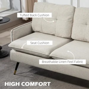 HOMCOM 55" Loveseat Sofa, Linen Love Seat w/ S spring, Steel Legs and Button Tufting, Small Couch for Living Room, Cream White - Image 3