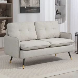 HOMCOM 55" Loveseat Sofa, Linen Love Seat w/ S spring, Steel Legs and Button Tufting, Small Couch for Living Room, Cream White - Image 1