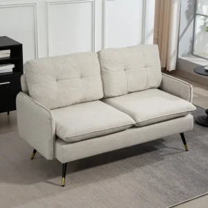 HOMCOM 55" Loveseat Sofa, Linen Love Seat w/ S spring, Steel Legs and Button Tufting, Small Couch for Living Room, Cream White - Image 6