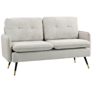 HOMCOM 55" Loveseat Sofa, Linen Love Seat w/ S spring, Steel Legs and Button Tufting, Small Couch for Living Room, Cream White - Image 5