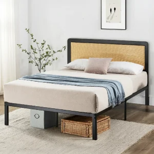 Full Size Bed Frame with Black Rattan Headboard and Metal Base - No Box Spring Needed, Easy Assembly - Image 1