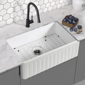 Farmhouse Sink 33 Inch White Fireclay Apron Front Single Bowl Deep Drop In Kitchen Sink Undermount Farm Sink with Bottom Grid & Strainer - Image 4
