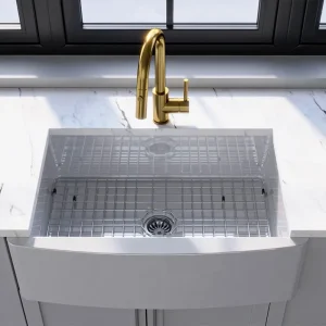 White ceramic apron-front kitchen sink 30" x 20" with Stainless Steel Dish Grid - Image 5