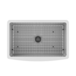 White ceramic apron-front kitchen sink 30" x 20" with Stainless Steel Dish Grid - Image 3