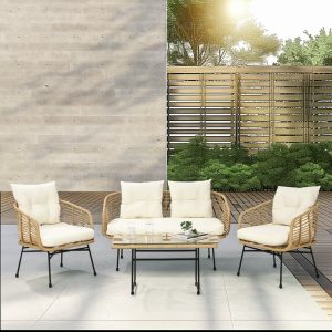 4 Pieces Patio Furniture Set, All Year U-Shaped Sectional Sofa Outdoor Furniture Rattan Conversation with Thick Cushions and Rect Side Table for Outside, Garden, Balcony, Porch - Image 2