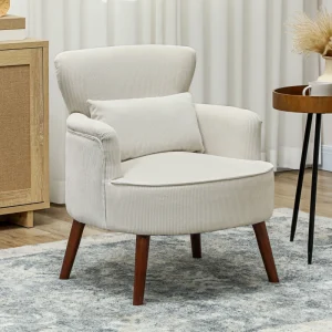 HOMCOM Modern Accent Chair, Upholstered Armchair with Solid Wood Legs and Lumbar Pillow for Living Room, Cream White - Image 1