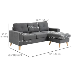 HOMCOM Sectional Sofa Couch, L Shaped Couch with Reversible Chaise, Wooden Legs for Living Room, Bedroom, Dark Grey - Image 4
