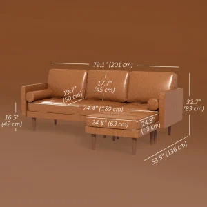 HOMCOM Faux Leather Sectional Sofa Couch L-Shaped Corner Sofa Set with Footstool and 2 Bolster Pillows, Brown - Image 4