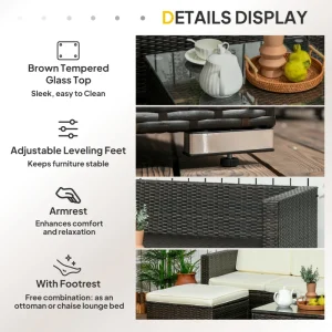 Outsunny 3 Pieces Patio Furniture Set with Cushions, Outdoor PE Rattan Wicker Conversation Corner Sofa Set with Glass Top Table and Adjustable Foot for Garden, Lawn, Cream White - Image 7