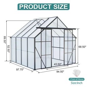 8 x 8 ft Double Door Polycarbonate Greenhouse with Galvanized Base, Walk-in Hothouse for Backyard, 94.5" L x 98" W x 89.5" H, Black - Image 3