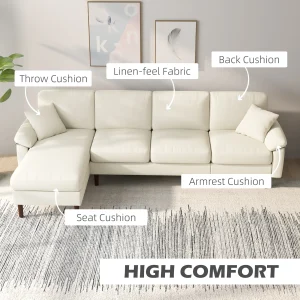 HOMCOM L-Shape Sofa, Modern Sectional Couch with Changeable Chaise Lounge, Pillows and Wooden Legs for Living Room, Cream White - Image 4