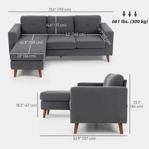 HOMCOM Sectional Sofa with Changeable Chaise Lounge, 3 Seat L-Shaped Small Space Sofa, Upholstered Couch for Small Space, Dark Grey - Image 10