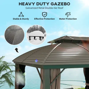 Outsunny 10' x 12' Hardtop Gazebo Canopy with Double Roof, Netting and Curtains for Garden, Backyard, Deck, Coffee - Image 10