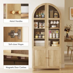 HOMCOM Arched Kitchen Pantry Cabinet, 71" Tall Farmhouse Kitchen Storage Cabinet with Acrylic Glass Doors, Oak - Image 7
