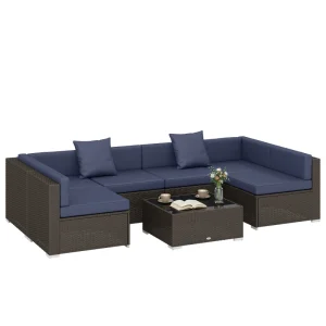Outsunny 7pc Garden Wicker Sectional Set w/ Tea Table Patio Rattan Lounge Sofa Outdoor Deck Furniture Navy Blue - Image 2