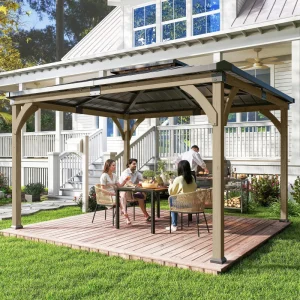 Outsunny 12' x 14' Hardtop Gazebo Canopy with Galvanized Steel Roof, Wood Frame, Double Roof Outdoor Gazebo, Light Walnut - Image 8