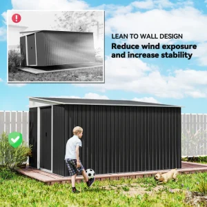 11' x 9' Steel Garden Storage Shed, Outdoor Metal Tool House with Double Sliding Doors, Dark Grey - Image 4
