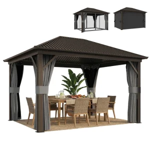 Outsunny 10' x 12' Outdoor Hardtop Gazebo Metal Roof Patio Gazebo with Aluminum Frame, Mesh Nettings, Dark Grey - Image 4