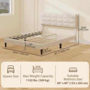 HOMCOM King Size Bed Frame with Upholstered Headboard, Modern Platform Bed Frame with Wood Slats, 1100 lbs Capacity, Cream White - Image 8