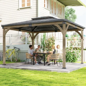 Outsunny 12' x 14' Hardtop Gazebo Canopy with Galvanized Steel Roof, Wood Frame, Double Roof Outdoor Gazebo, Light Walnut - Image 1
