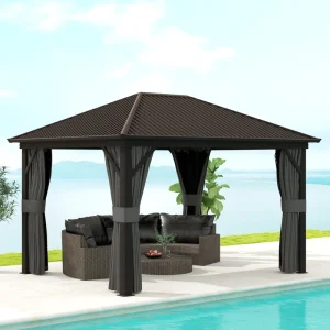 Outsunny 10' x 12' Outdoor Hardtop Gazebo Metal Roof Patio Gazebo with Aluminum Frame, Mesh Nettings, Dark Grey - Image 3