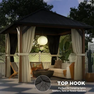 Outsunny 10' x 10' Hardtop Gazebo with Galvanized Steel Roof, Permanent Garden Gazebo with Netting and Curtains - Image 4