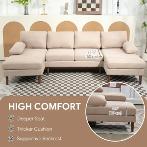HOMCOM U Shape Couch with Double Chaise Lounge, Modern 4 Seater Sofa with Wooden Legs, Fabric Sofa for Living Room, Beige - Image 6