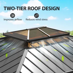 Outsunny 12' x 14' Hardtop Gazebo Canopy with Galvanized Steel Roof, Wood Frame, Double Roof Outdoor Gazebo, Light Walnut - Image 6