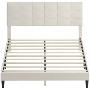 HOMCOM King Size Bed Frame with Upholstered Headboard, Modern Platform Bed Frame with Wood Slats, 1100 lbs Capacity, Cream White - Image 3