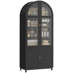 HOMCOM Arched Kitchen Pantry Cabinet, 71" Tall Farmhouse Kitchen Storage Cabinet with Acrylic Glass Doors, Black - Image 3