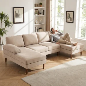 HOMCOM U Shape Couch with Double Chaise Lounge, Modern 4 Seater Sofa with Wooden Legs, Fabric Sofa for Living Room, Beige - Image 5