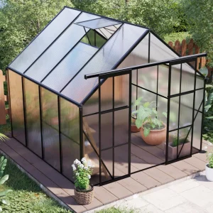 8 x 8 ft Double Door Polycarbonate Greenhouse with Galvanized Base, Walk-in Hothouse for Backyard, 94.5" L x 98" W x 89.5" H, Black - Image 2