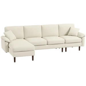 HOMCOM L-Shape Sofa, Modern Sectional Couch with Changeable Chaise Lounge, Pillows and Wooden Legs for Living Room, Cream White - Image 2