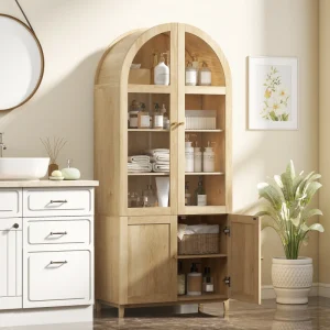 HOMCOM Arched Kitchen Pantry Cabinet, 71" Tall Farmhouse Kitchen Storage Cabinet with Acrylic Glass Doors, Oak - Image 5