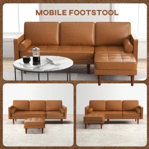 HOMCOM Faux Leather Sectional Sofa Couch L-Shaped Corner Sofa Set with Footstool and 2 Bolster Pillows, Brown - Image 3