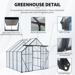 8 x 8 ft Double Door Polycarbonate Greenhouse with Galvanized Base, Walk-in Hothouse for Backyard, 94.5" L x 98" W x 89.5" H, Black - Image 5