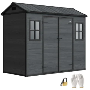 Outsunny 8 x 4 ft Resin Garden Shed, Wood-Effect Outdoor Storage Shed with Floor, Windows, Lockable Doors and Vents, Dark Grey - Image 3