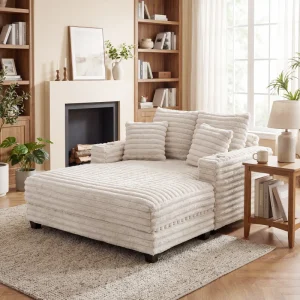 HOMCOM 60" Chaise Lounge Chair, Oversized Upholstered Sofa Bed with Cup Holders & Pillows, Sleeper Couch for Living Room, Beige - Image 4