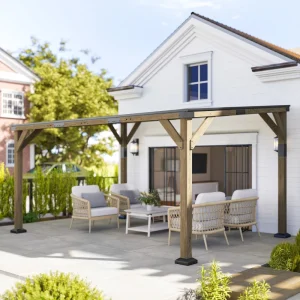 Outsunny 14' x 10' Gazebo, Lean to Galvanized Steel Hardtop Gazebo Pergola with Wood Frame, Patio Gazebo Awning, Dark Grey - Image 2