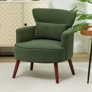 Modern Accent Chair, Upholstered Armchair with Solid Wood Legs and Lumbar Pillow for Living Room, Green - Image 7
