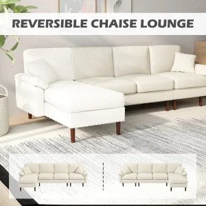 HOMCOM L-Shape Sofa, Modern Sectional Couch with Changeable Chaise Lounge, Pillows and Wooden Legs for Living Room, Cream White - Image 6